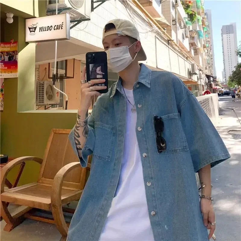 

Korean Casual Loose Denim Short Sleeve Shirts Men's Spring Summer New Fashion Men Shirts Thin Outerwear Y2k Japan Streetwear