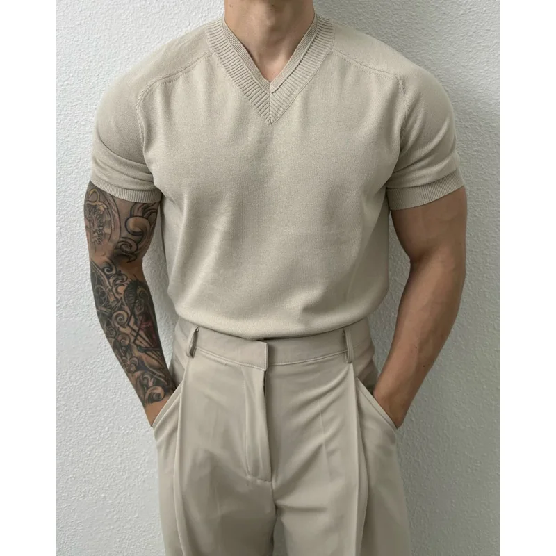 New Knitted Short Sleeve Men'S Trendy Versatile Summer Thin High-End Solid Color Casual-Shirt