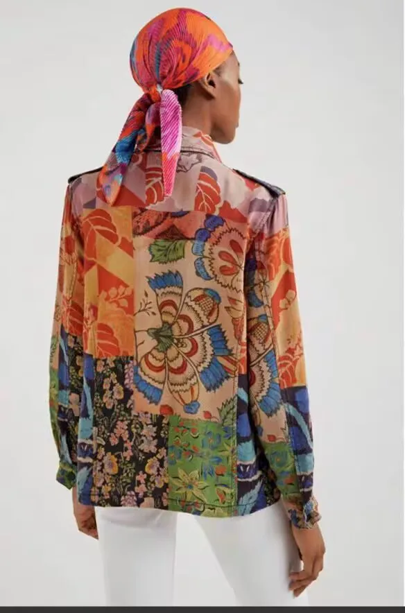 Foreign trade original single Spanish new spring parquet print women's thin denim coat