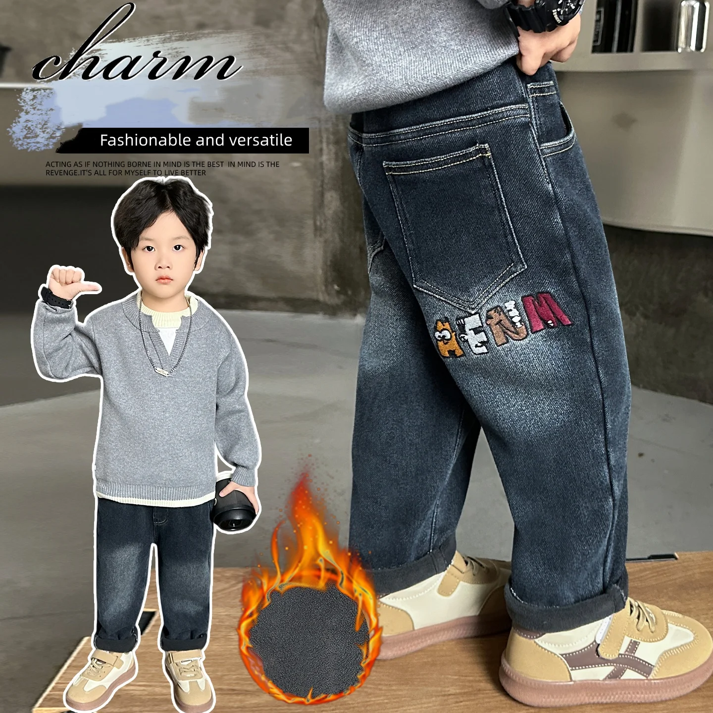 Boys Winter Fleece Lined Jeans Cartoon Embroidery Kids Elastic Waist Thick Warm Denim Pants Children Casual Trousers