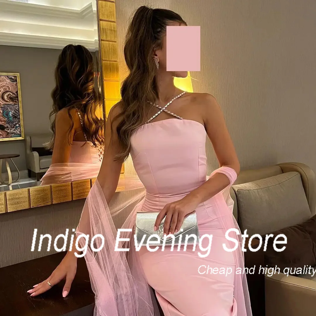 Indigo Evening Dresses Crystal Halter Neck Ankle-Length Formal Party Simple Eleagnt Dress Women Vestidos De Fiesta Customized