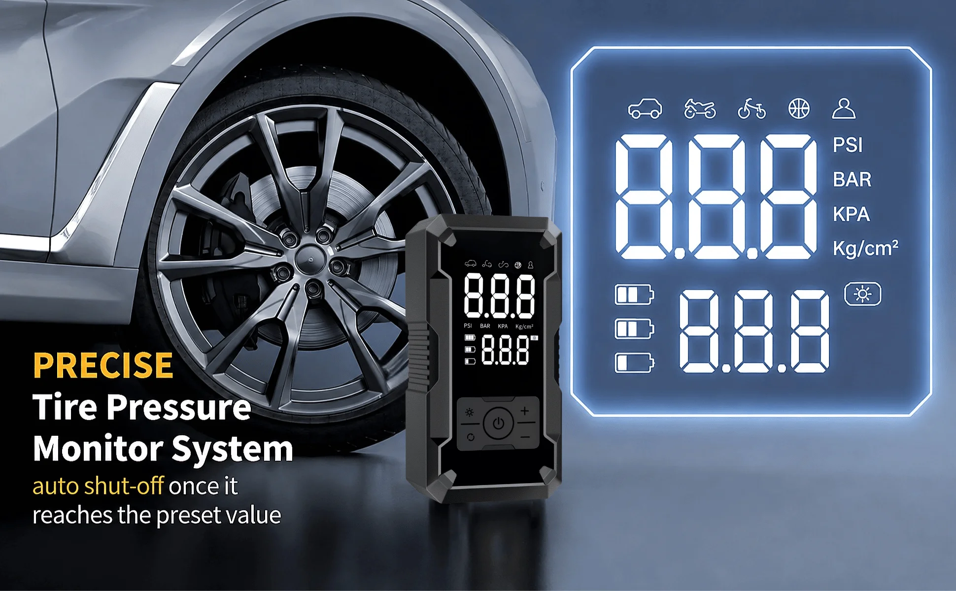 STSCELZ Autoreifenfüller, 150 PSI kabelloser Luftkompressor mit digitalem Manometer, wiederaufladbare tragbare Reifenpumpe – Detail 5
