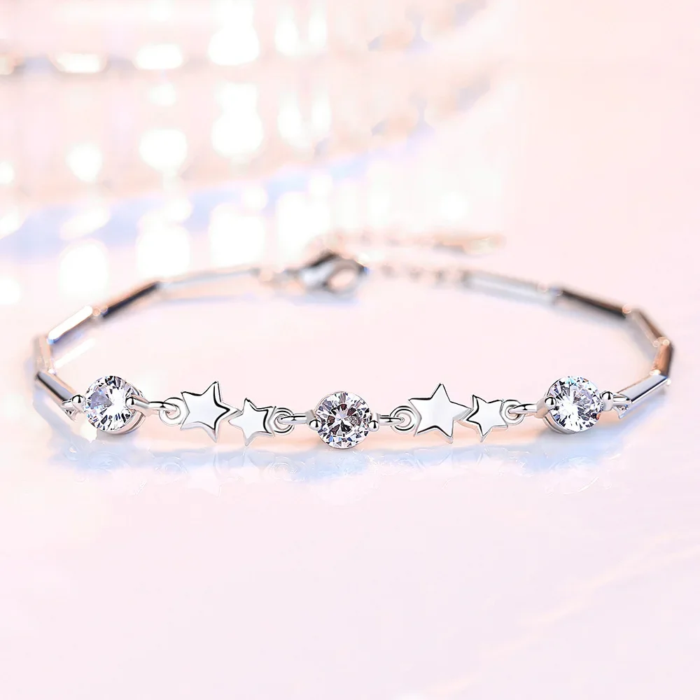 Hot Fine Fashion kpop 925 Sterling Silver creative Star Pink Crystal Bracelets for Women Jewelry Party Wedding Accessories Gifts view 2