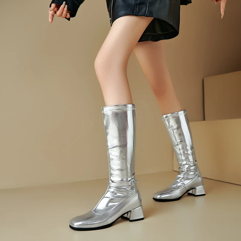Plus Size Sewing Smooth Silver Upper Thick Heel Side Zipper Knee High Boots Square Toe Precise Style Long Boots