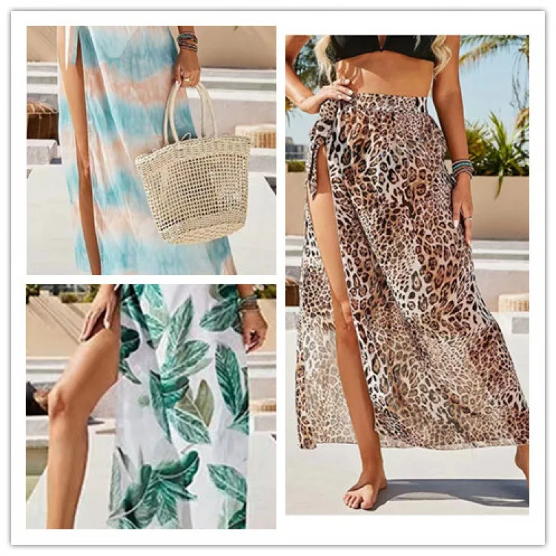 Skirts women 2026 new summer bohemian leaf floral print beach chiffon mid calf dress women's clothing