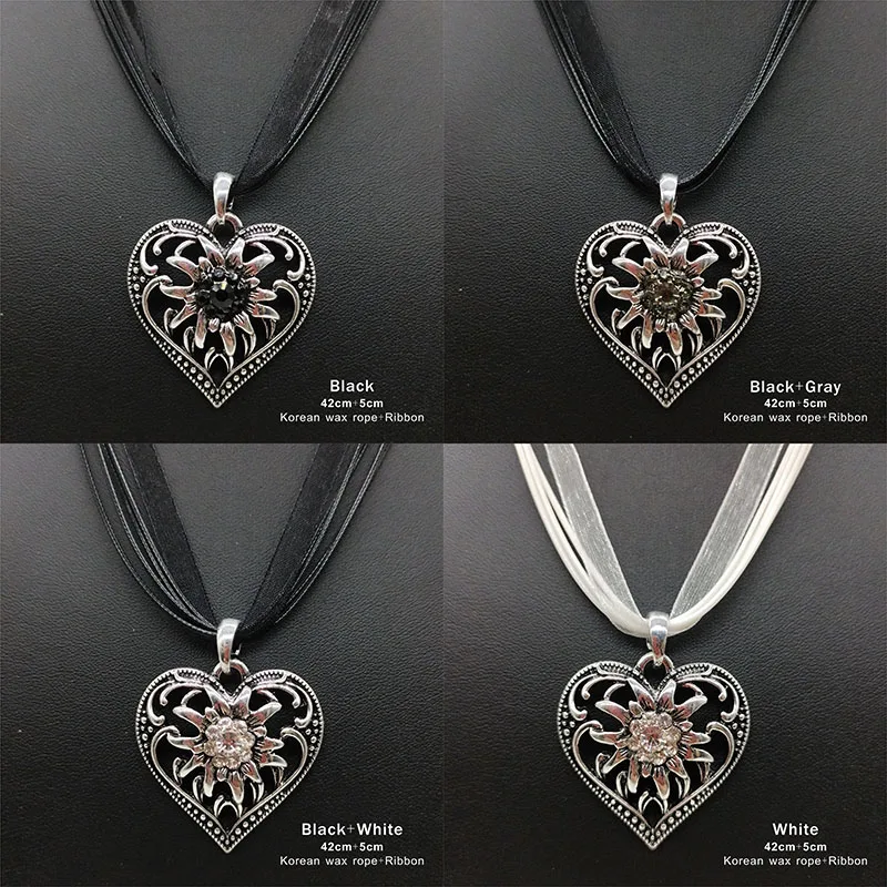 New Style Vintage Silver Color Heart-Shaped Edelweiss Necklaces Women Party Gifts Ribbon Pendants Dirndl Costume Jewelry