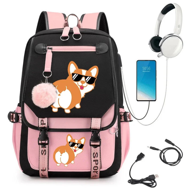 Sac à dos imprimé Corgi Butt pour filles, sac à dos pour lycéens, chargement USB, cartable mignon, sac à dos de voyage, sacs d'école Anime Kawaii