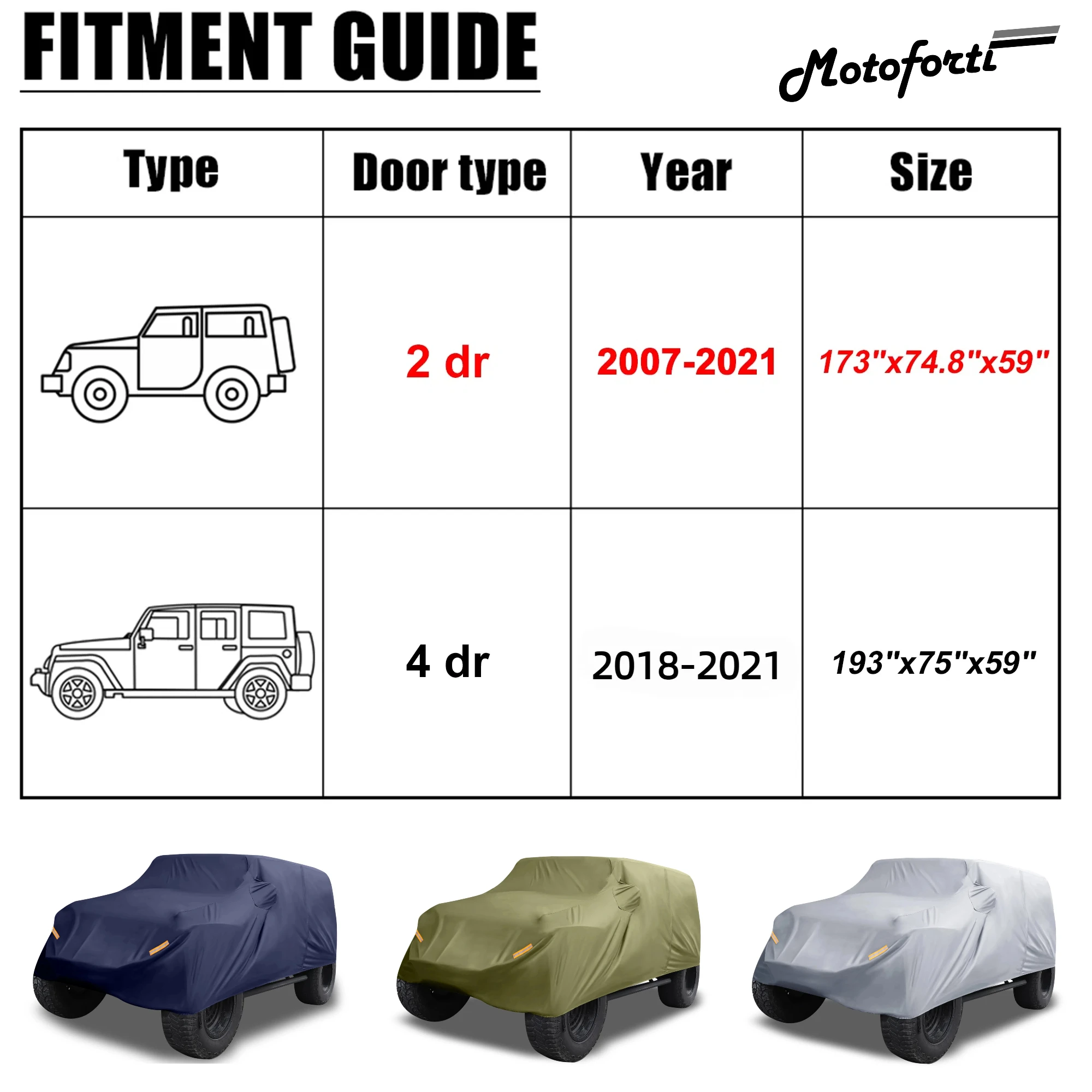 

Автомобильный чехол Motoforti для Jeep Wrangler JK 2-дверный 2007-2017 JL 2-дверный 2018-2021, уличный водонепроницаемый чехол от солнца, дождя, пыли и ветра