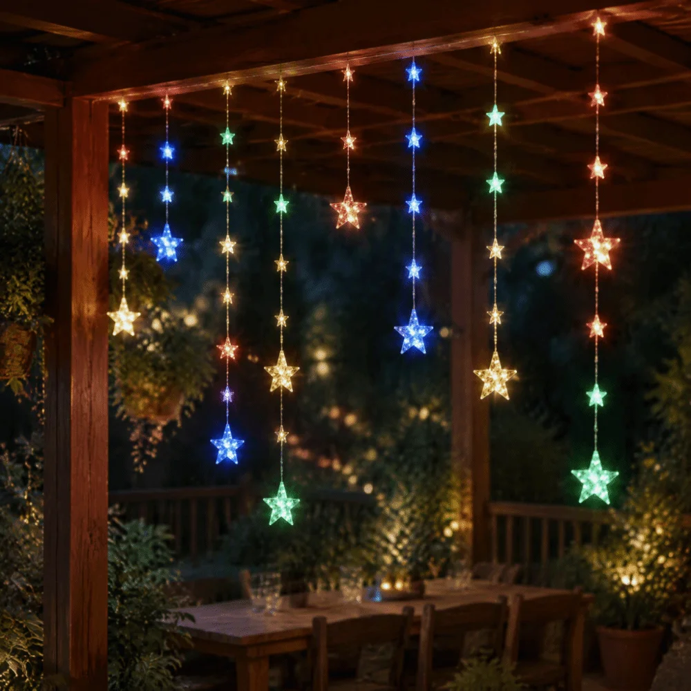 Waterproof Solar Curtain Lights Star And Moon Shape Delicate Design Fairy Lights Automatic Lighting At Dusk Dreamy Glow