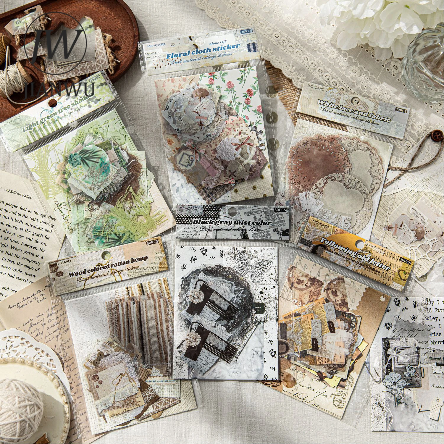 JIANWU Collage île série Vintage fleur dentelle paysage matériel Collage autocollant créatif bricolage Journal Scrapbook papeterie