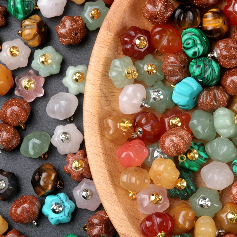 50pcs Natural Stone Mini Hallowmas Pumpkin Gold Silver Pendant Carving Crystal Agate Charms DIY Necklace Earrings Making Acc