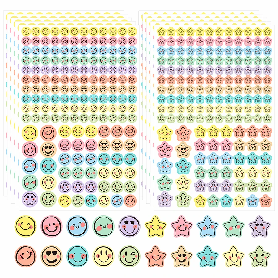 1660 Pcs Pastel Expression Stickers – Aesthetic Star and Round Shape Labels with Lighthearted Designs, Ideal for Journals