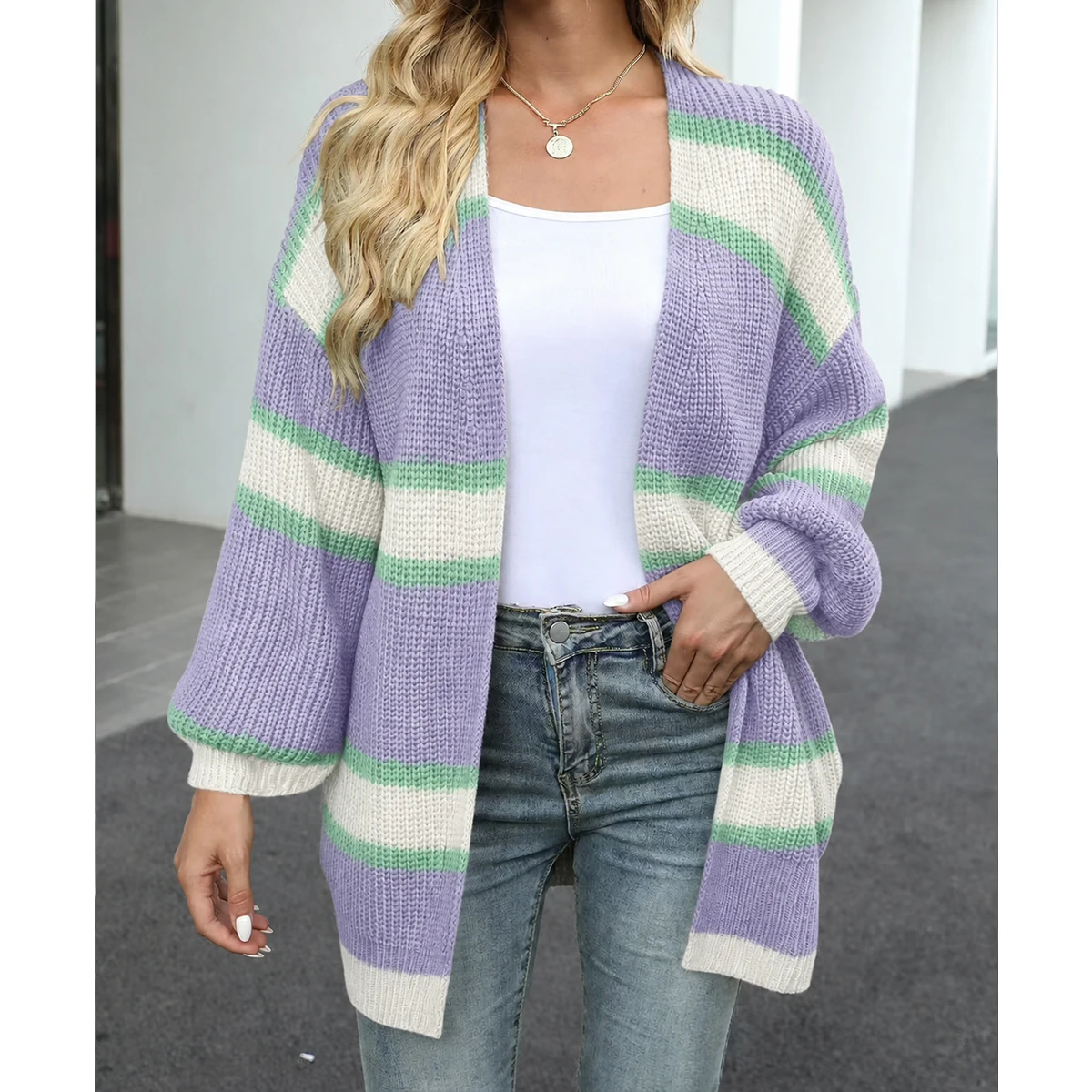 Soft Style Block Striped Knit Cardigan, Fashion Loose Drop Shoulder Medium-Length Sweater, Stylish Outerwear for Women