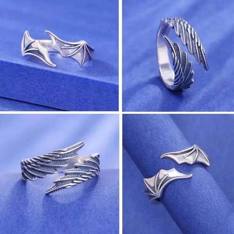 1 Pc/Pair New Vintage Angel Demon Wings Hip Hop Adjustable Couples Rings for Men Women Silver Color Retro Punk Style Jewelry