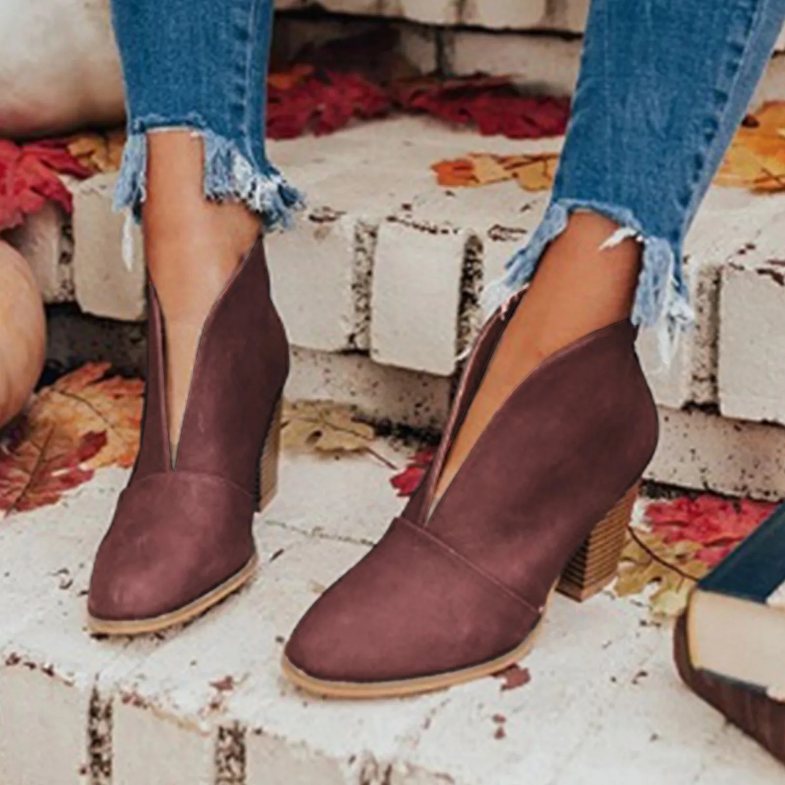 Women Ankle Boots Autumn Winter Solid Round Toe Women Shoes Casual Comfortable Thick High Heels Booties Fashion Hollow Out Boots