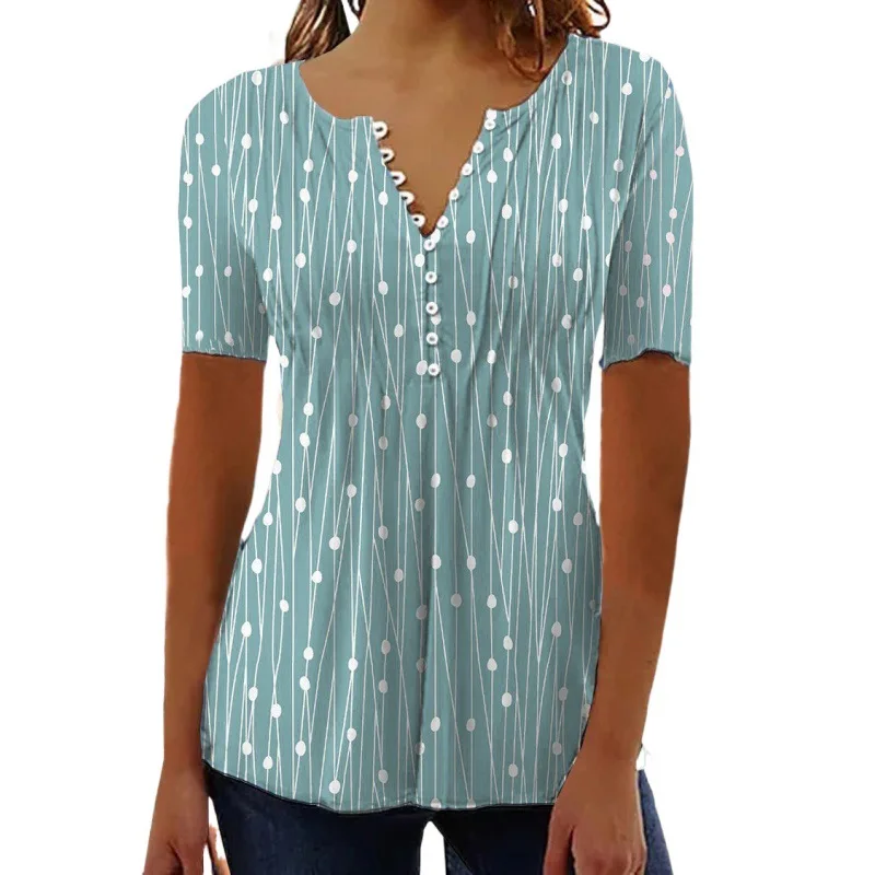 2024 Europese En Amerikaanse Lente/Zomer Nieuwe V-Hals Polka Dot Shirt Met Korte Mouwen En Print Trui