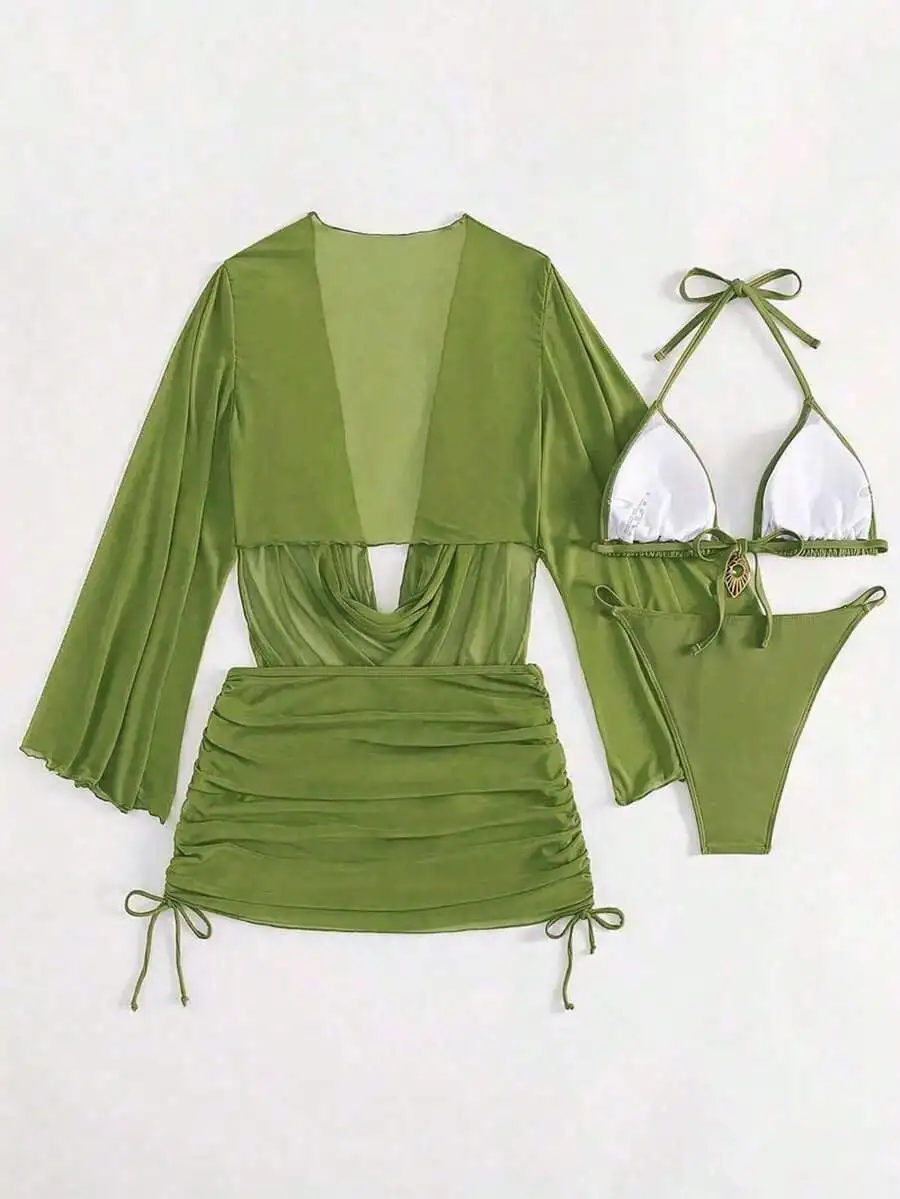 

Olive Green 4-Piece Bikini Ensemble Featuring Sheer Long-Sleeve Cover-Up, Ruched Mini Skirt, And Triangle Top For Summer Beach
