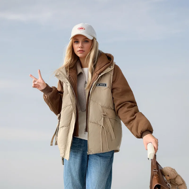 

Winter Lady's Fake Two Piece Sets Patchwork Color Blocked Hooded Loose Fit Female's Parka Jacket Slouchy-Style Coat For Women