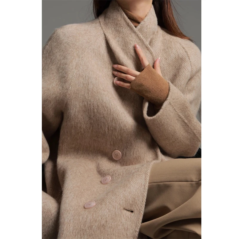 Modischer Stehkragen, zweireihiger Damen-Langmantel aus doppelseitiger Wolle, 2025, neuer eleganter Alpaka-Mantel aus Wolle für Damen