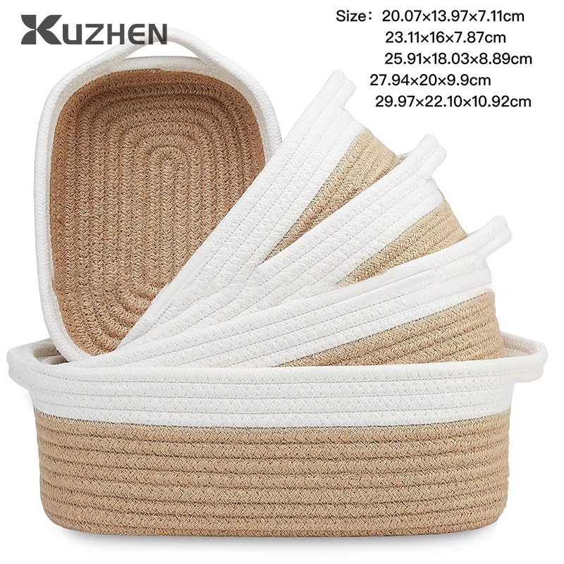 

5Pcs Large Capacity Rectangle Storage Basket Set Foldable Cotton Rope Woven Storage Baskets Home Decoration Organization Bin