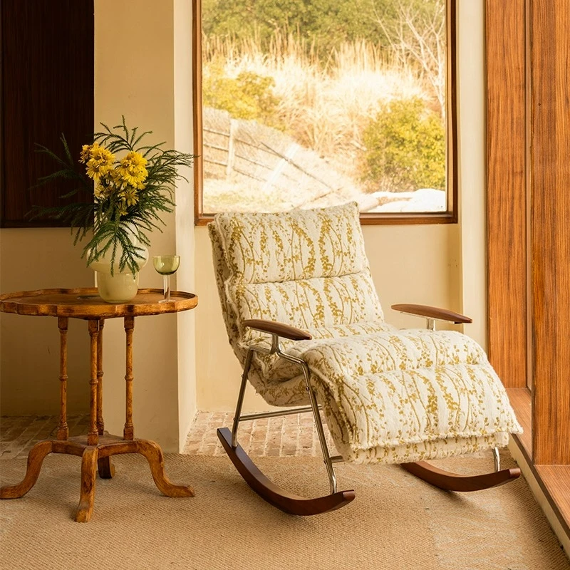 

Medieval design balcony solid wood rocking chair living room leisure chair single sofa movable recliner