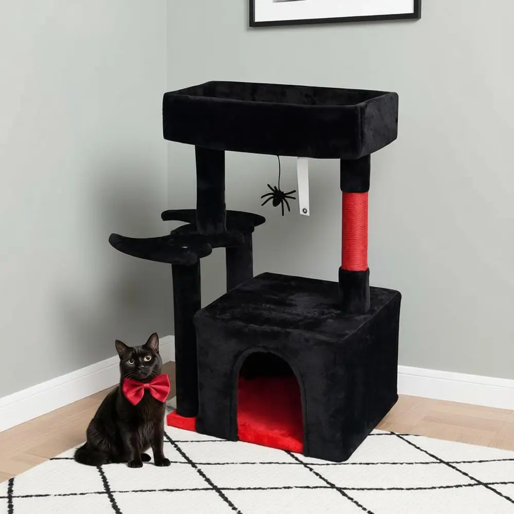 

Готический кошачий дерево-домик с лежанкой-кошачьим домиком в виде монеты, веревочным игровым комплексом для дома, стойкой для когтеточков, мебелью для кошек с корзиной и подвесным игровым элементом для отдыха, черный