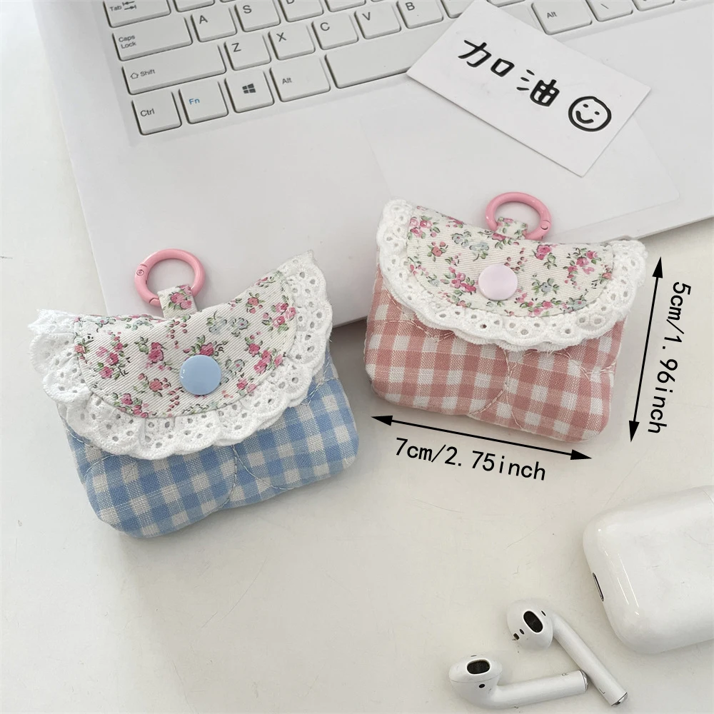 Мини-милый милый кружевной кошелек с цветочным принтом, модный розовый, синий клетчатый защитный чехол для наушников, портативная маленькая сумка для хранения для девочек