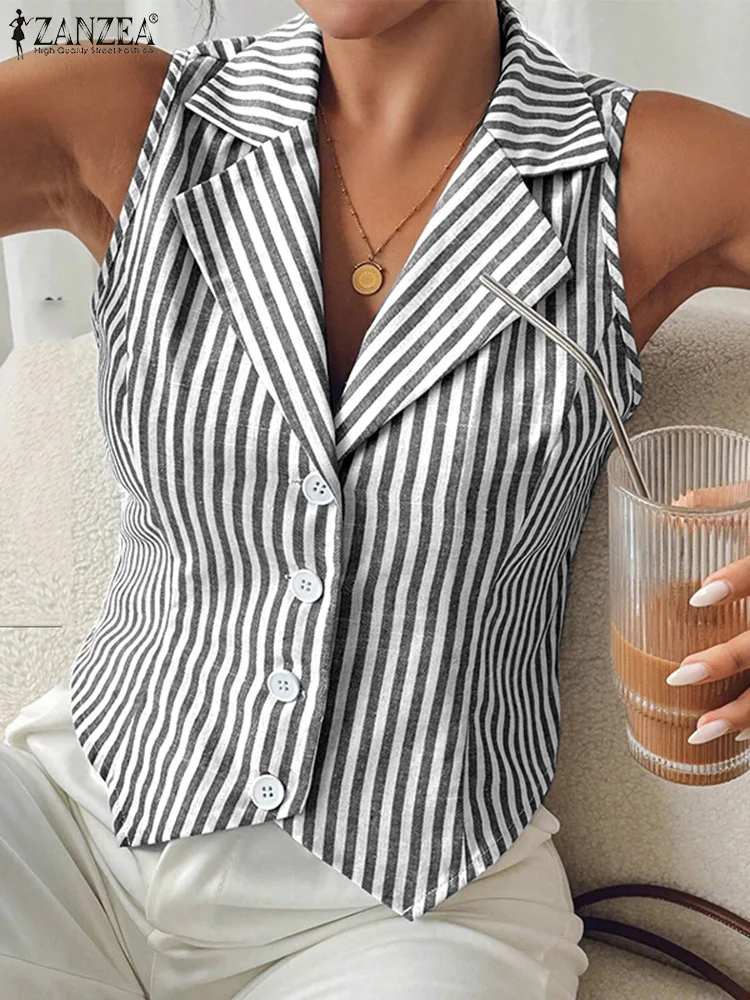 Mulheres elegantes tanques topos 2025 zanzea verão sem mangas listra blusa de férias irregular camis lapela pescoço trabalho ol camisa streetwear