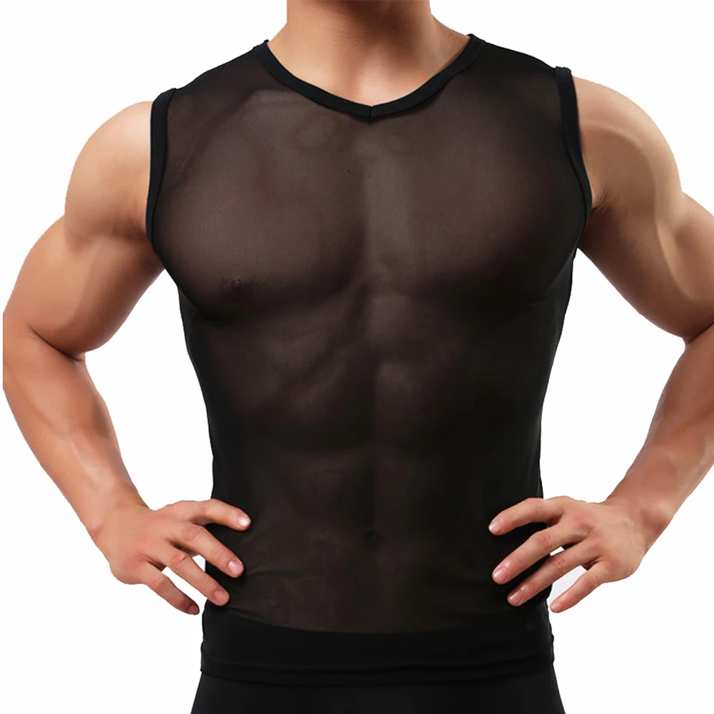 Men Undershirts Sexy Transparent Musle Tank Tops Elastic Vest Man Sleeveless Tops Sheer Fitness T-Shirt Clubwear Singlet