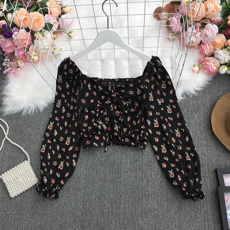 Chic Long Sleeve Women Floral Chiffon Blouse Spring Summer Elastic Waist Casual Slim Crop Shirts Female Tops