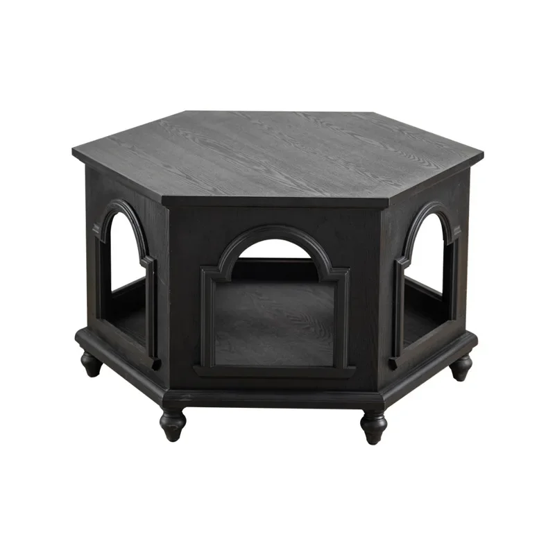 

French antique style, living room coffee table, solid wood homestay, black high-end sofa side table