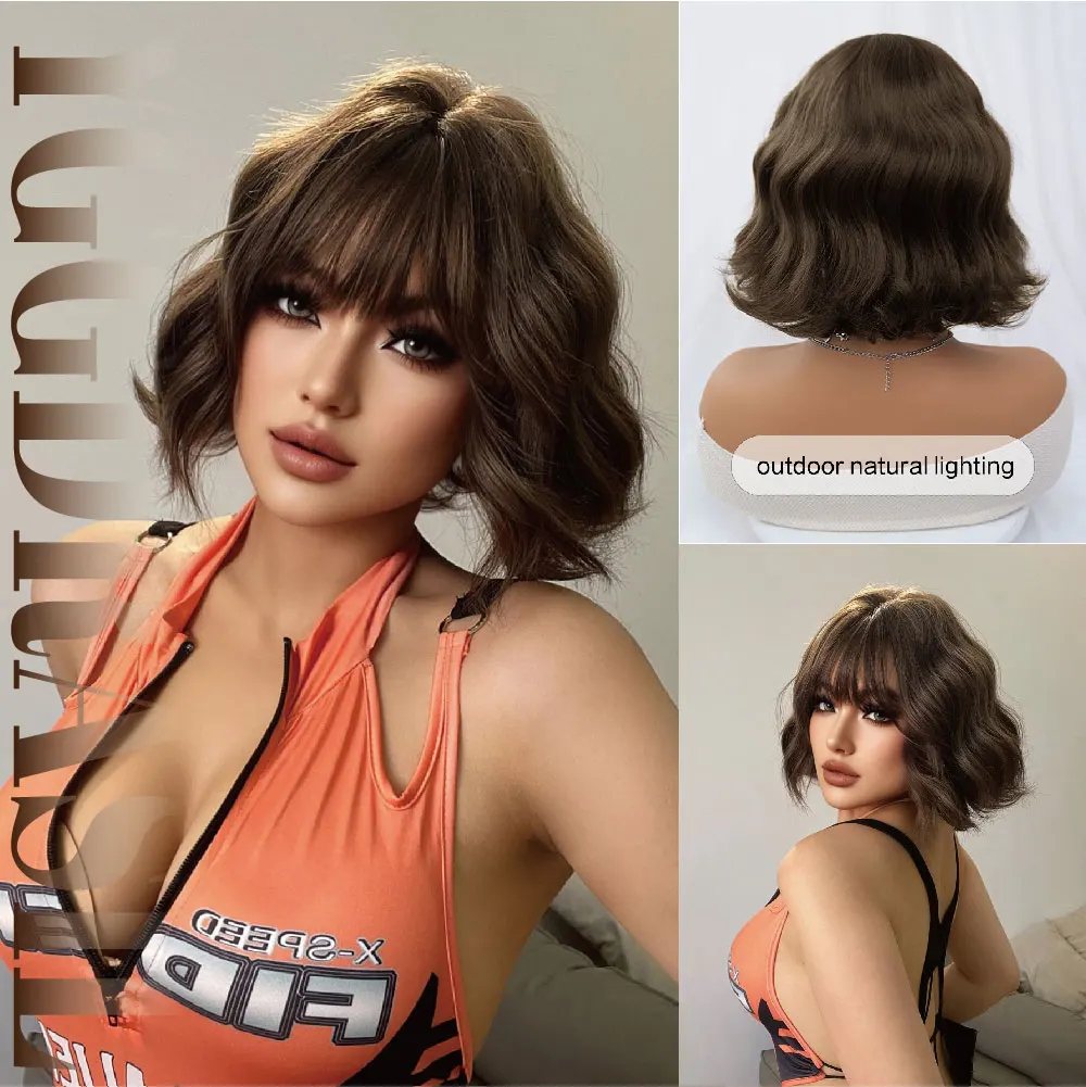 12Inch Vintage Style Cool Brown Synthetic Wigs With Bangs Short Wavy Hair Wig For Women Cosplay Daily Use Drag Heat Resistant