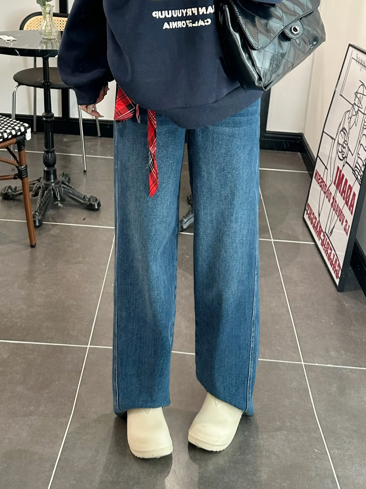 

plus Size Women's Winter Loose Slimming Wide Leg Straight Cut Casual All-Match Fleece Lined Denim Pants High Waist Cotton Blend