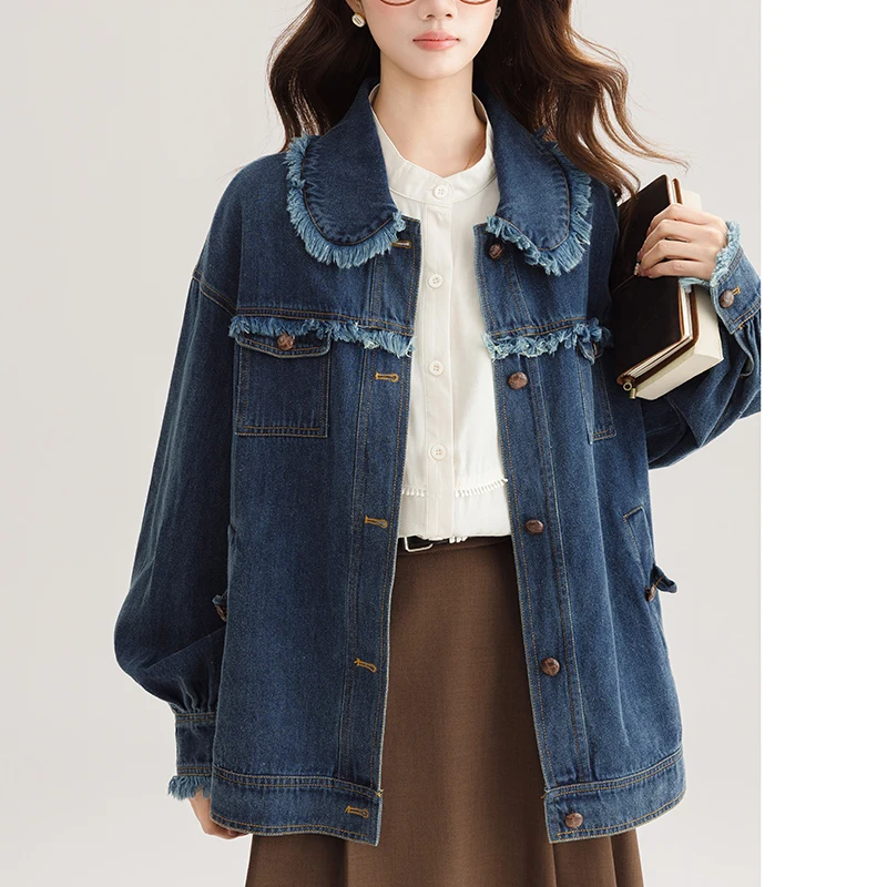 

Винтажная женская джинсовая куртка с кисточками и карманами, свободное повседневное пальто с длинным рукавом, женская модная рваная джинсовая куртка, женское синее пальто