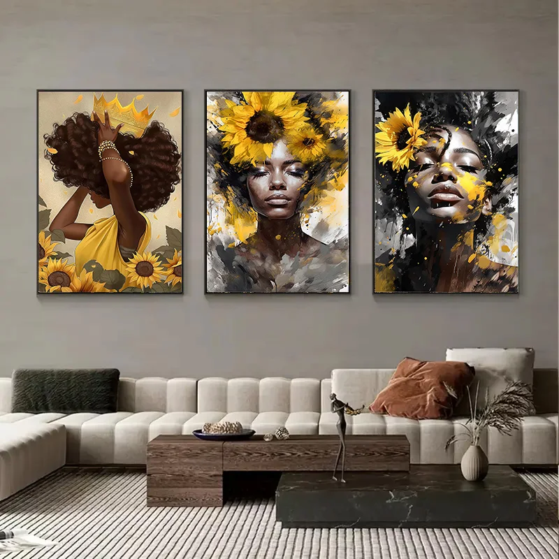 Set of 3 African Black Woman Canvas Painting Watercolour Yellow Sunflower Poster Graffiti Art Bedroom Gallery Frameless Wall Art