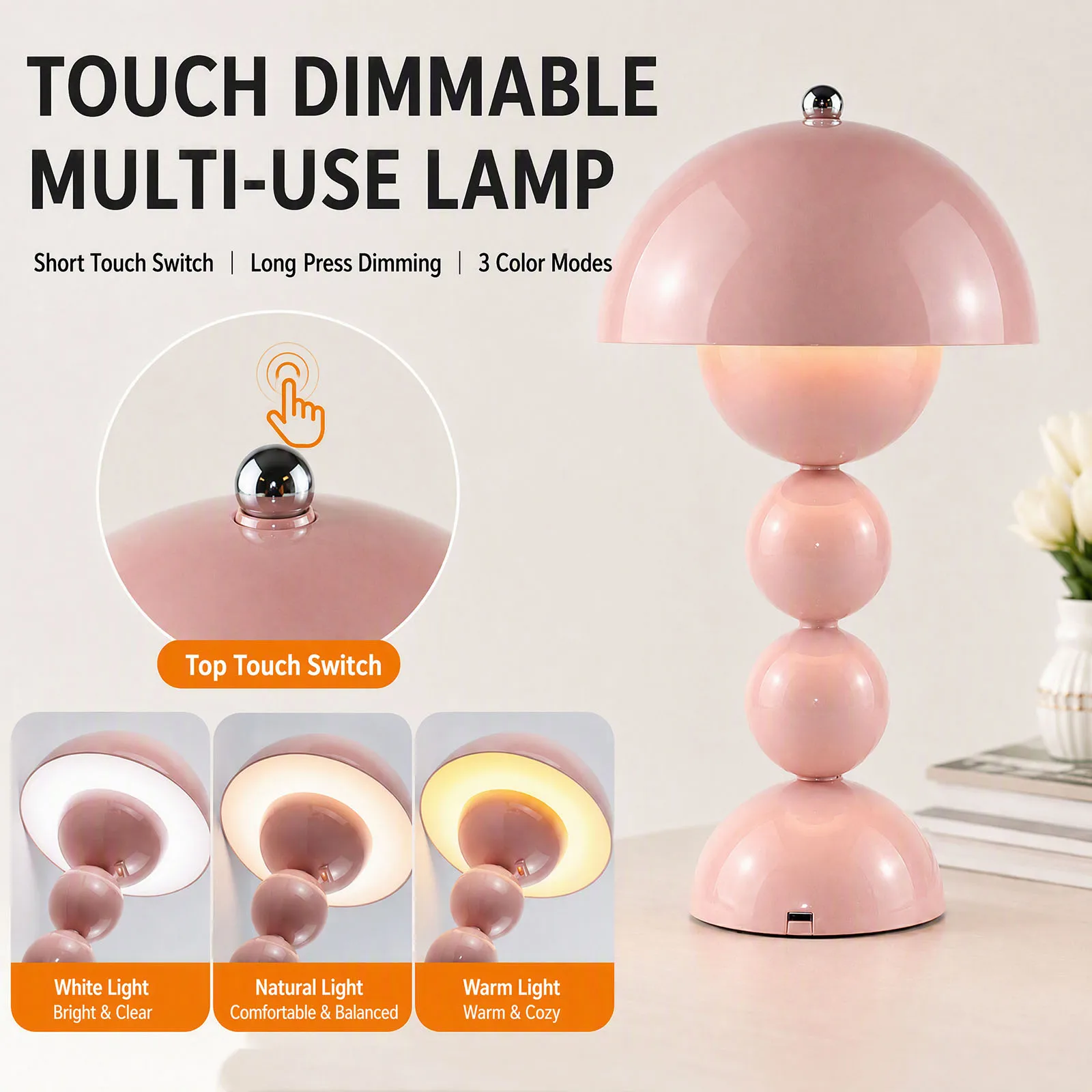 Vintage Mushroom Table Lamp USB LED 3 Color Temperature Warm Neutral White Bedroom Desk Night Light Decor - view 3
