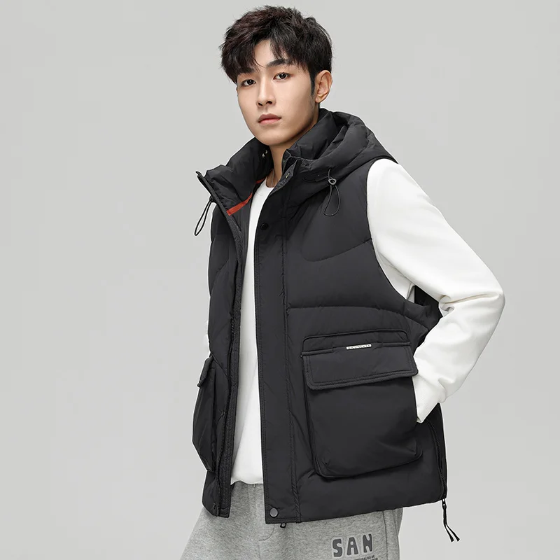 

Outdoor Hot Sale Down Vests Jackets for Men with Hood Thicken Warm Waistcoat Solid Color Zipper Male Sleeveless Fashion Casual