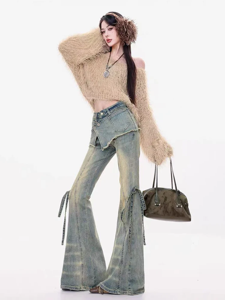 Vintage Wash Flare Jeans Y2k Japanische Streetwear Bow Lace Up Denim Hosen Hohe Taille Slim All Match Cowboy Hosen Neu