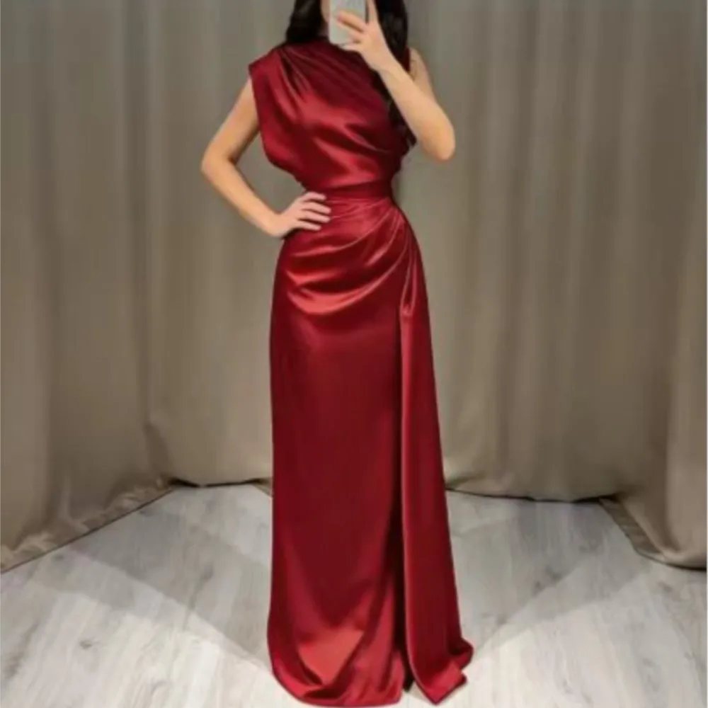 Damen Satin-Abendkleid Sommer Elegantes Ärmelloses O-Ausschnitt Gerafftes Taillenband Hoher Schlitz Bodycon Formelles Hochzeitsgast-Langes Kleid