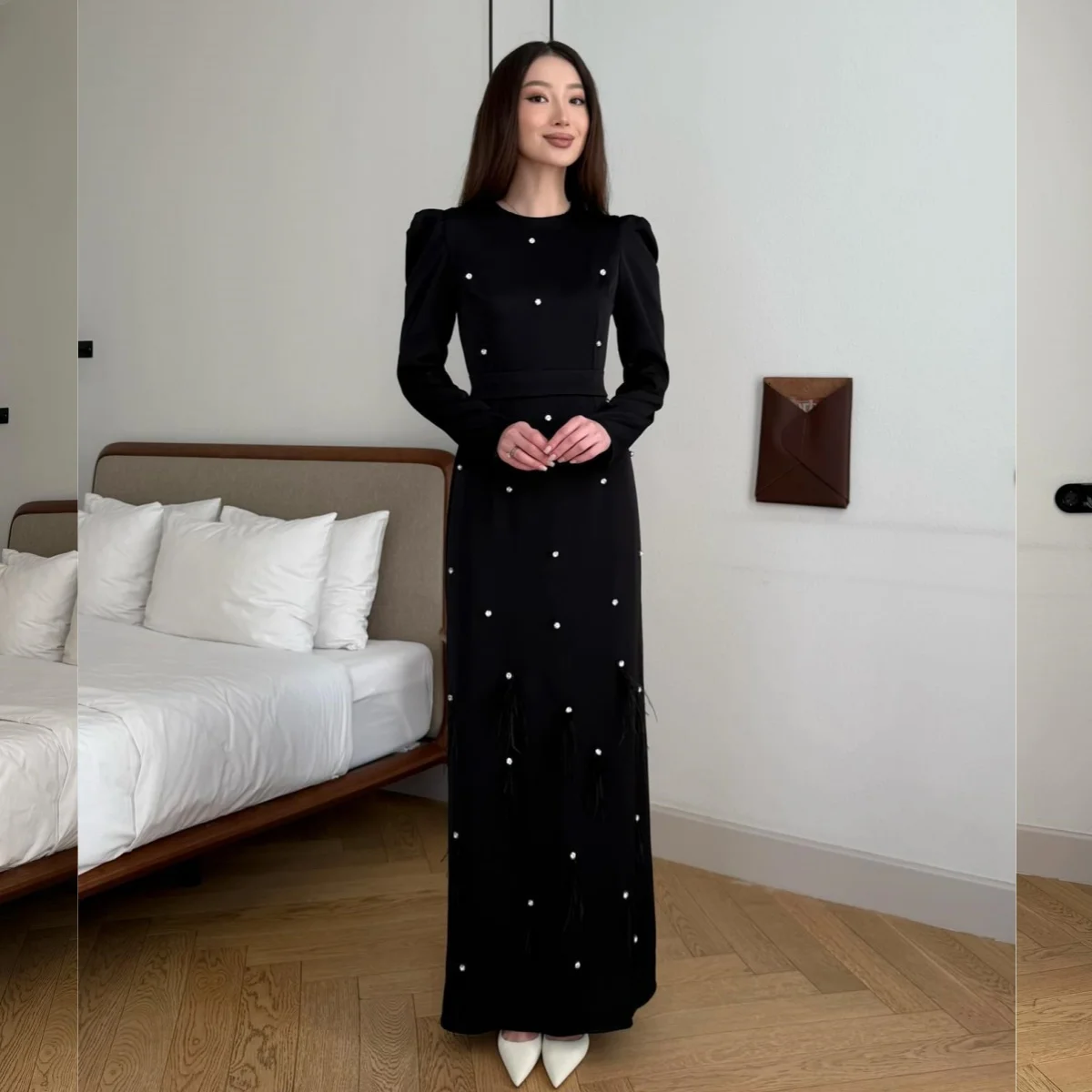 

Customized Matching Exquisite Jersey Rhinestone Feather Pleat Straight Scoop Neck Midi Dresses Bespoke Occasion Dresses Formal