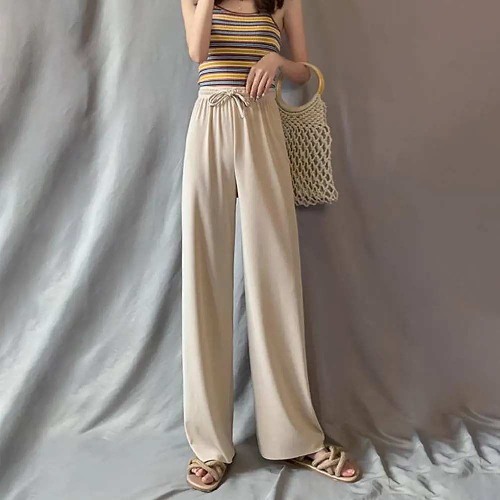 

High Waisted Ice Silk Trousers Stylish Women's Ice Silk Wide Leg Pants with Adjustable Drawstring Waist Comfortable for Daily