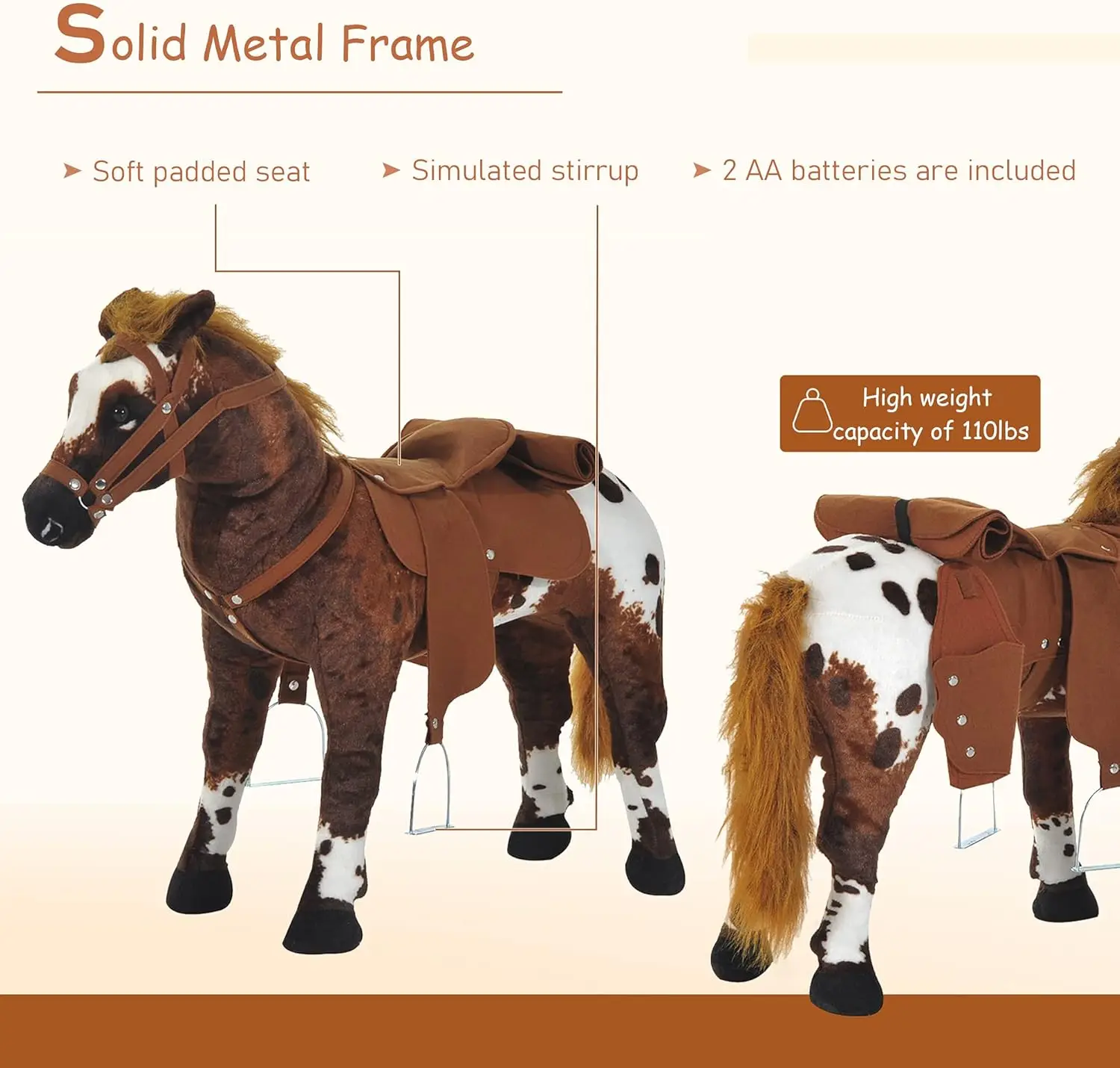 Konik do jeżdżenia dla maluchów w wieku 3-5 lat, z dźwiękiem ohy i galopu, pluszowa zabawka konik dla dzieci z wypełnieniem.