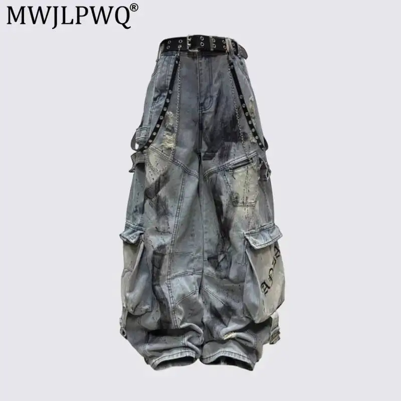 MWJLPWQ American Patchwork Deconstructed Ribbon Cargo Jeans Men Autumn Trendy Street Multi-Pocket Ripped Wide-Leg Trousers 20009