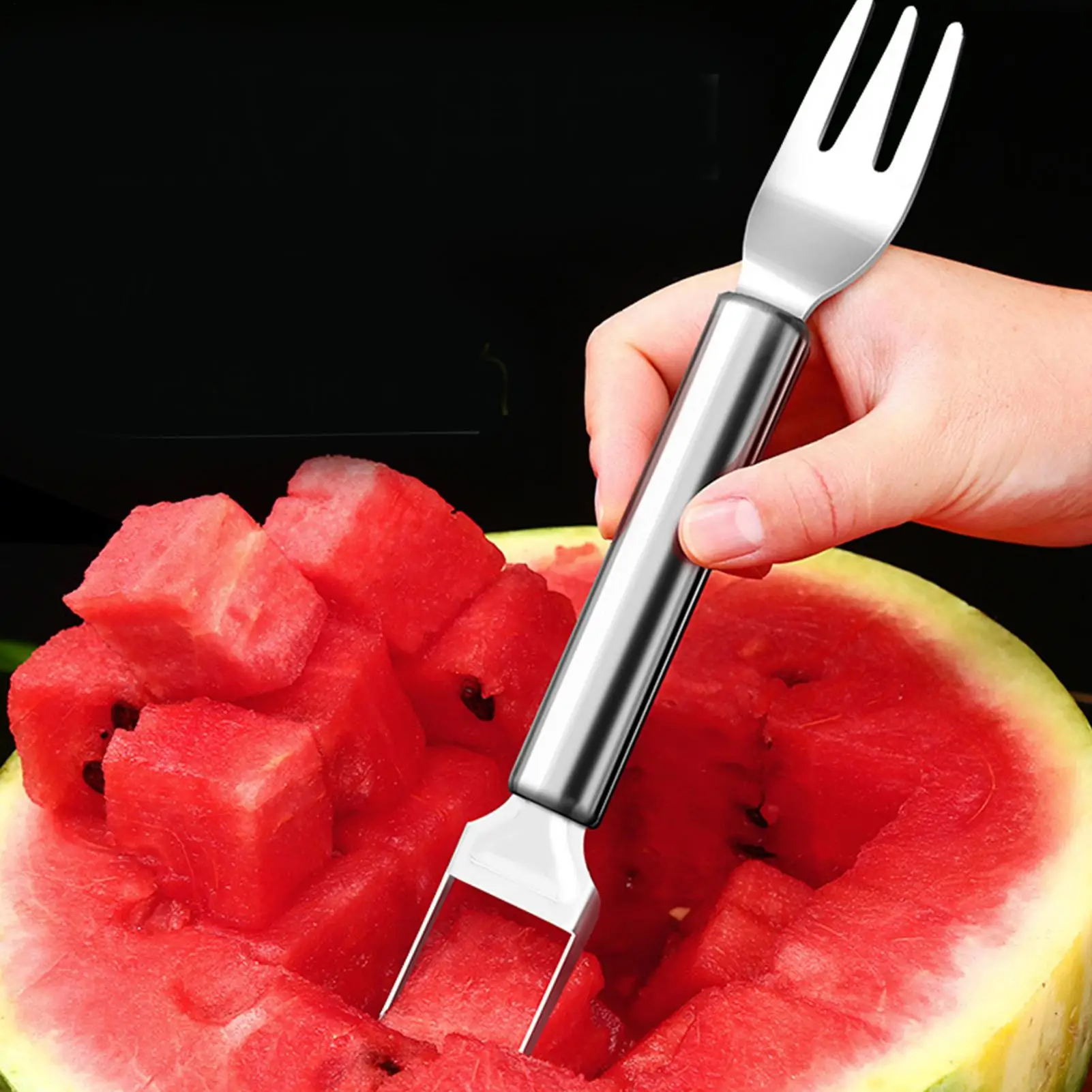 Cortador de sandía portátil multifuncional, utensilio de cocina 2 en 1, cortador y tenedor de sandía para cocina, camping, pícnic, barbacoa