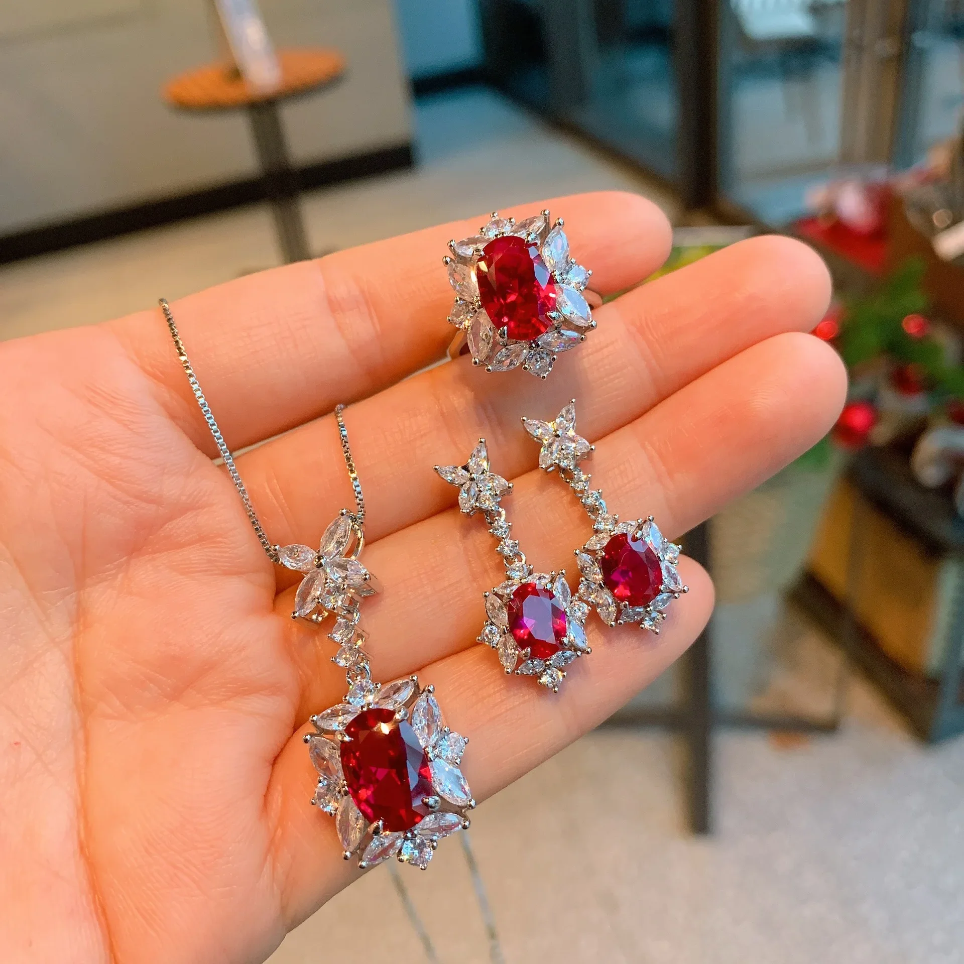 

Retro Ruby Crystal Earrings Pendant Adjustable Ring Necklace Women's Jewelry Wedding Party Fine Gift Sweets Stylish Ornaments