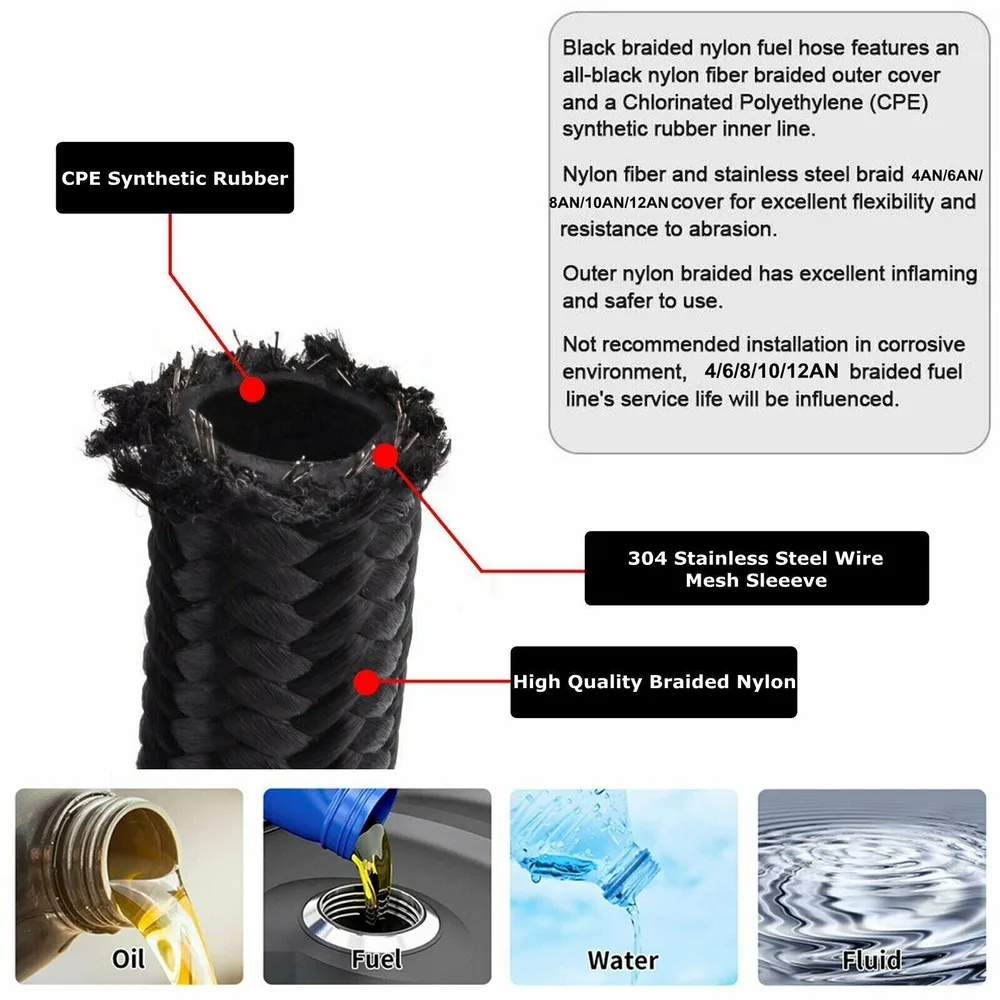 Kit di raccordi per tubi flessibili olio/gas/carburante da 20 piedi in nylon intrecciato 6AN Rosso-nero/nero