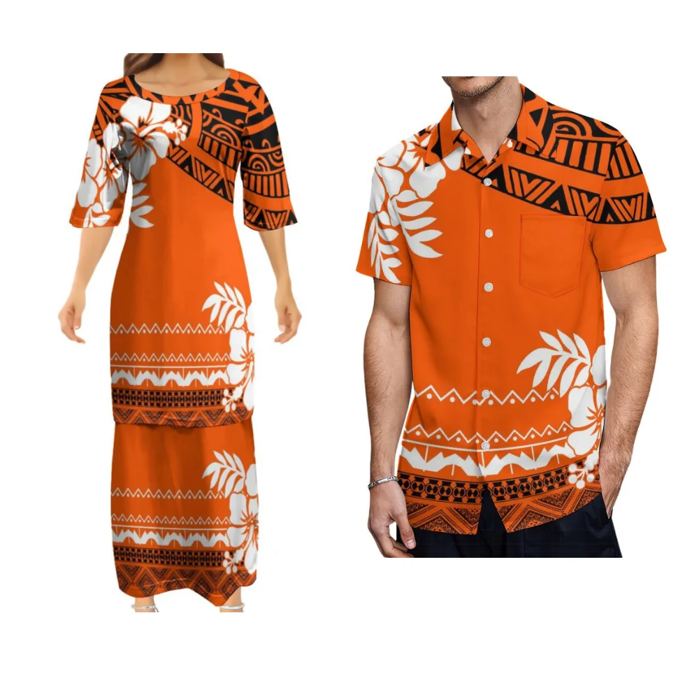 البولينيزية المرأة Puletasi الصيف زوجين دعوى قميص رجالي المرأة فستان طويل 2025 جديد ساموا القبلية تصميم الرجعية الفن فستان بتصميم بدلة