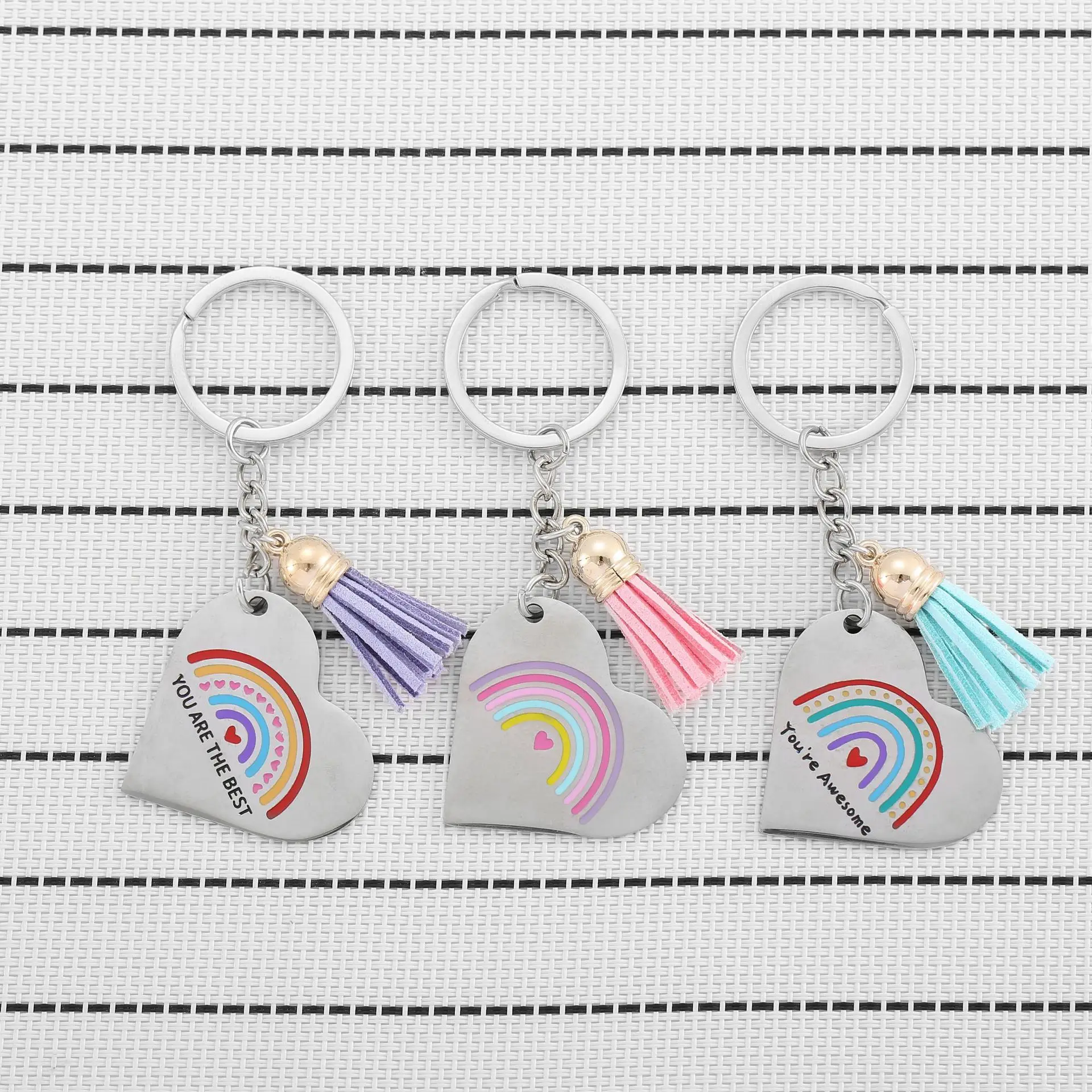 سلسلة مفاتيح من الفولاذ المقاوم للصدأ بألوان قوس قزح، قلادة جلدية مهدب، قلادة DIY، هدية لصديقتك، سلسلة مفاتيح نسائية. #2