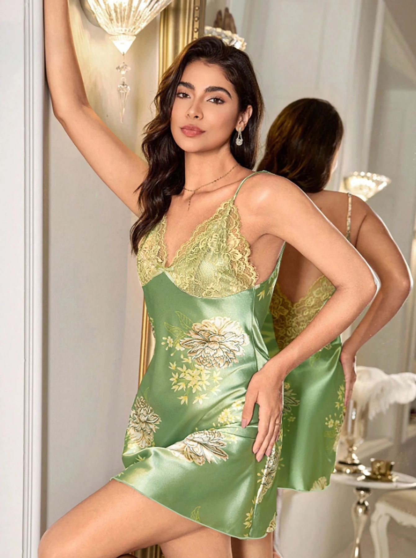 Women's Matcha Green Satin Floral Print Slip Nightgown, Lace V-Neck Thin Spaghetti Straps Ruched Short Soft Coquette Home Sleep view 6