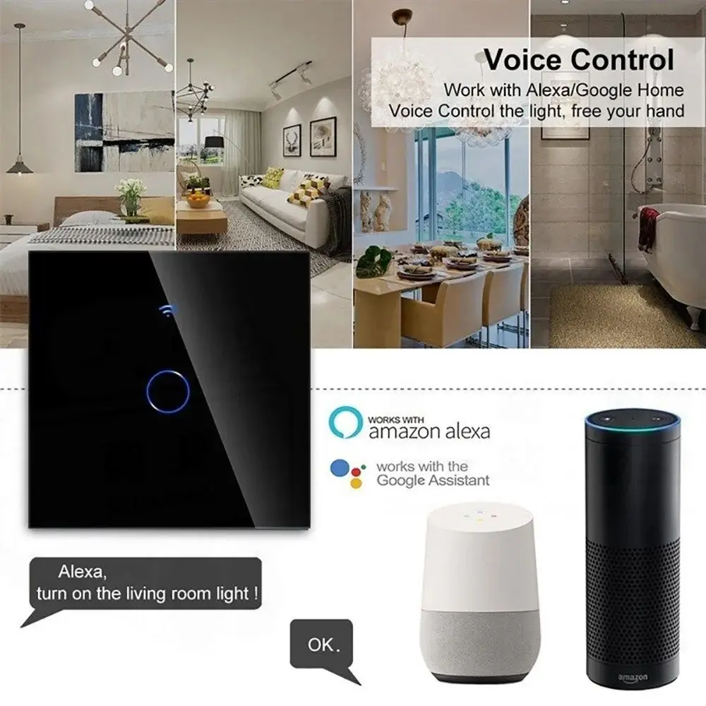 Interrupteur tactile mural WiFi, 220V, avec fil neutre, Tuya Smart Life, fonctionne avec Alexa Google Home, 1/2/3/4 gangs